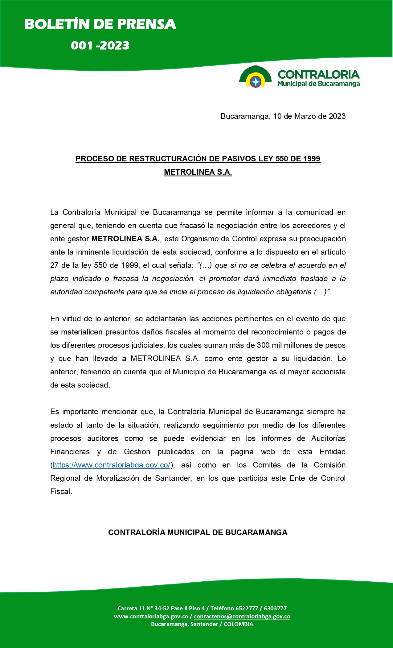 Boletín de Prensa No 001 - 2023