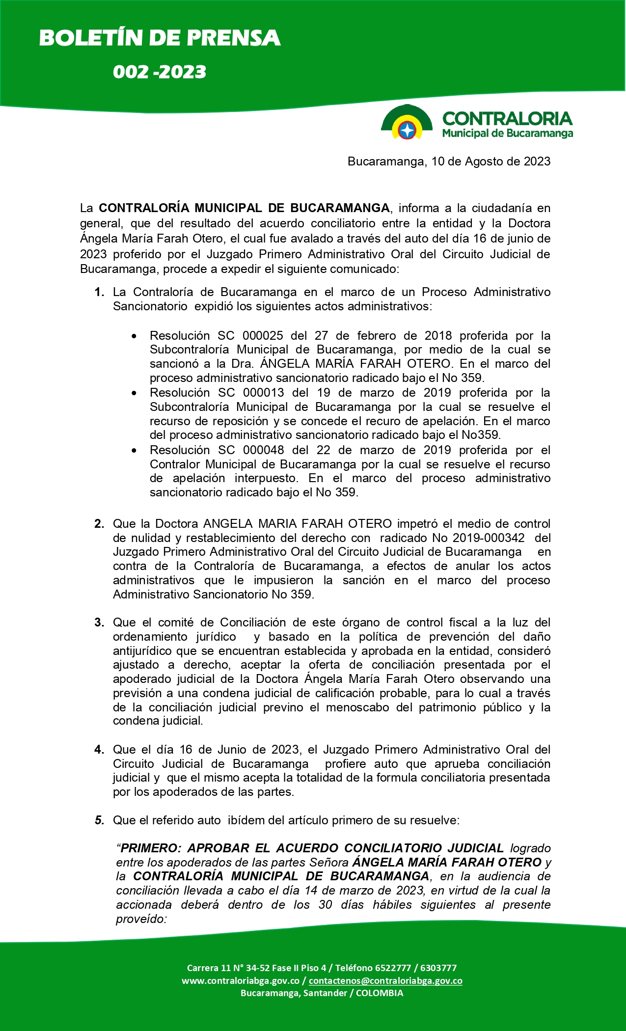 Boletín de Prensa No 002 - 2023