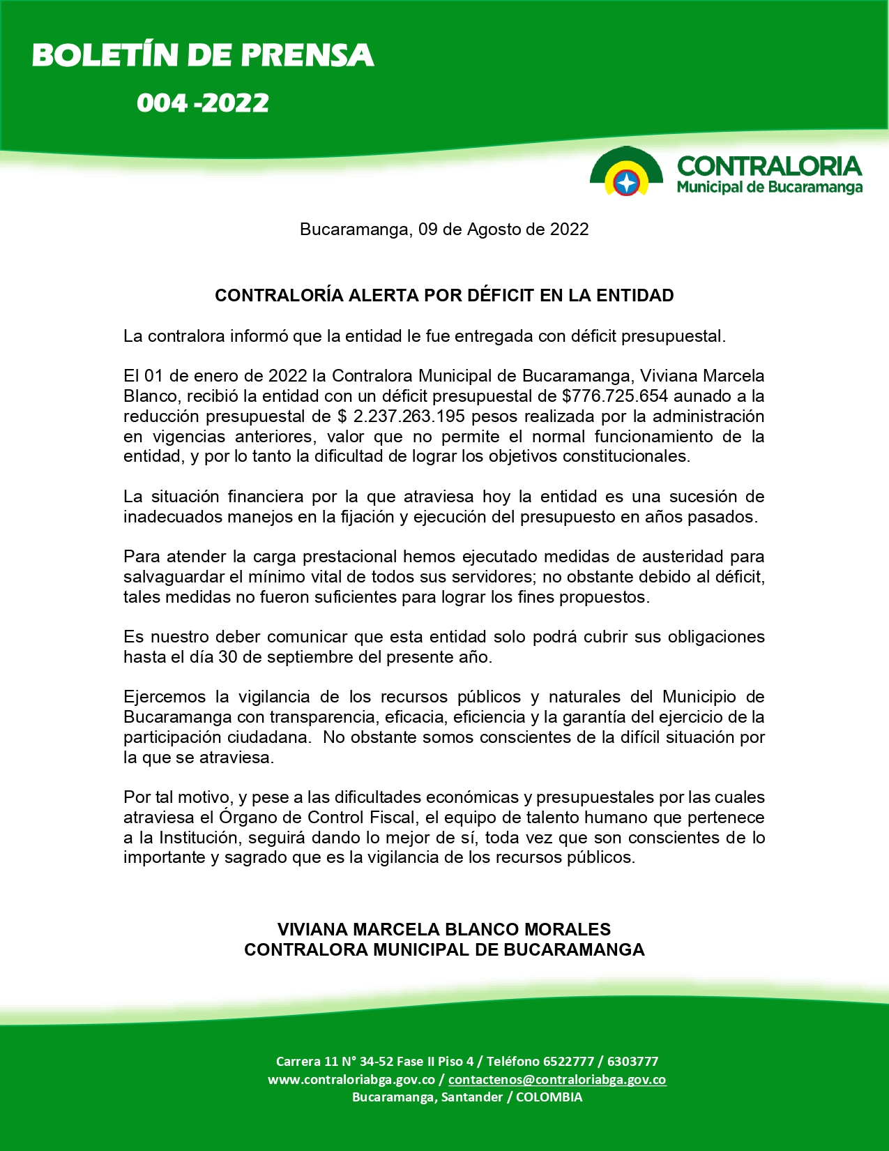 Boletín de Prensa No 004 - 2022 - CONTRALORÍA ALERTA...